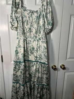 Smocked Puff-Sleeve Maxi Dress in Cream and Green Floral